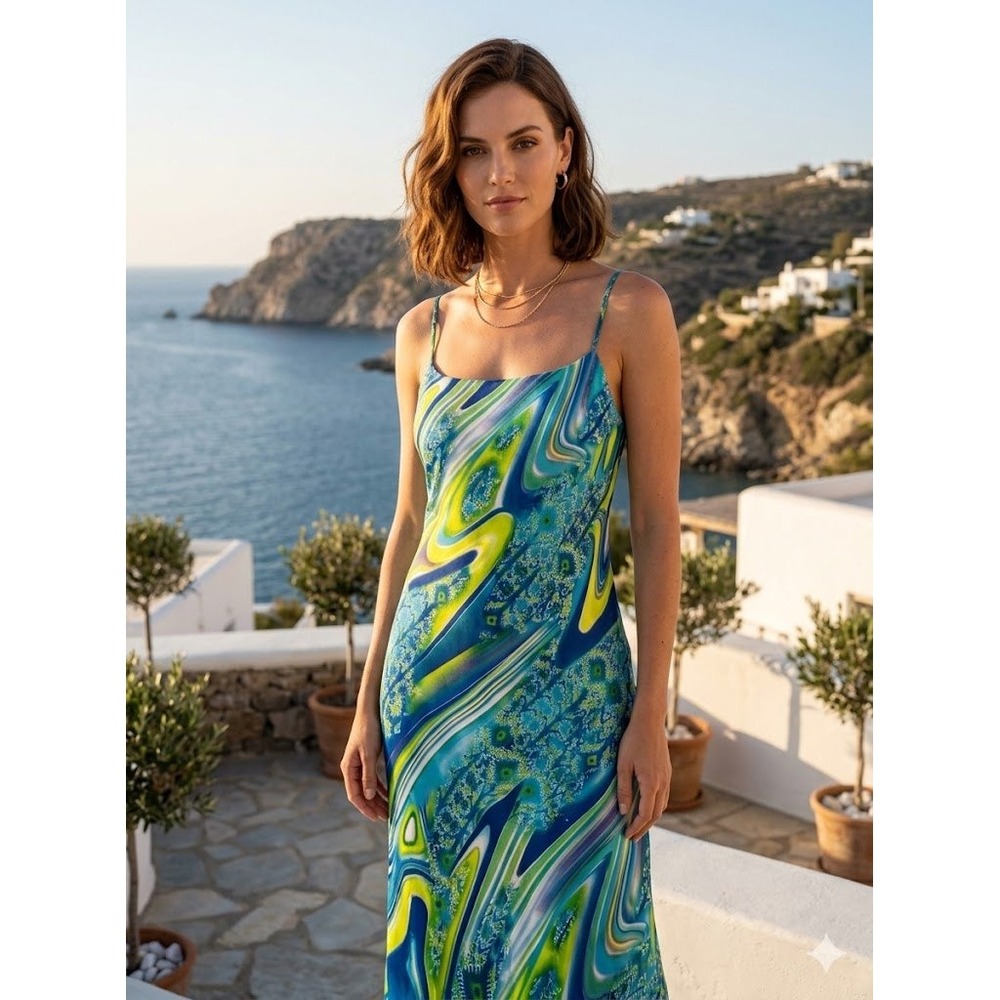 Natori Abstract Swirl Print Satin Maxi Dress Blue Lime Green Slip Silhouette M